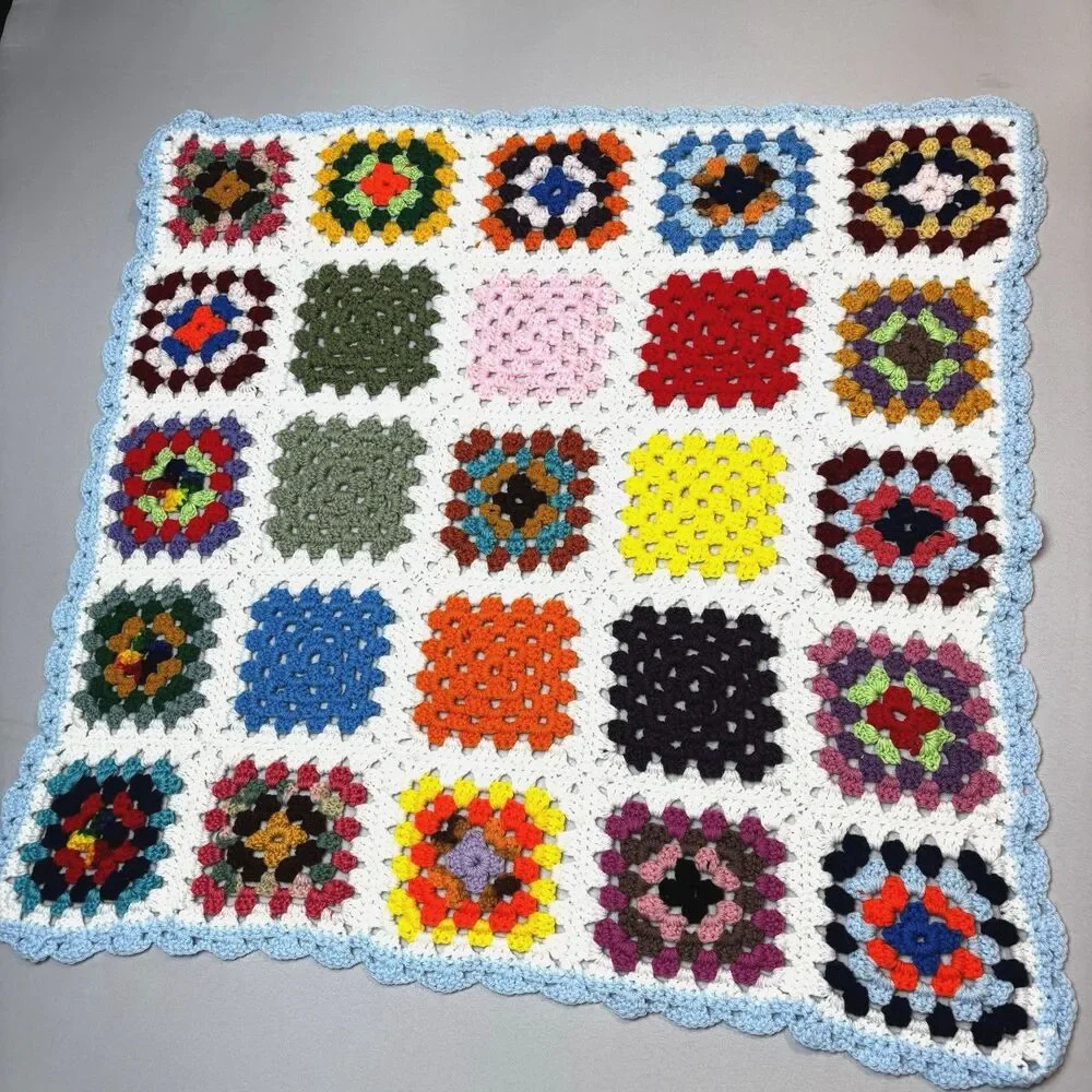Vtg Colorful Granny Square Crochet Crib Size Chair Throw Light Blue Trim 32 X32